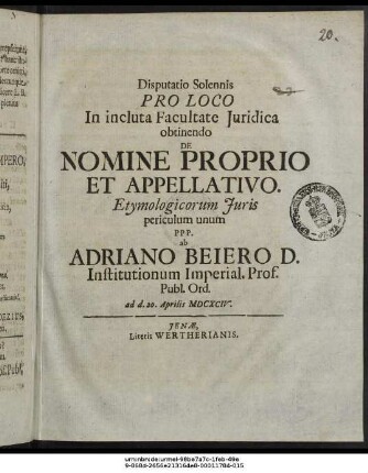 Disputatio Solennis Pro Loco In incluta Facultate Iuridica obtinendo De Nomine Proprio Et Appellativo. Etymologicorum Iuris periculum unum