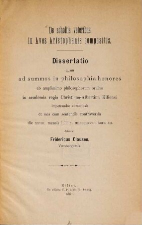 De scholiis veteribus in Aves Aristophanis compositis