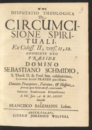 Disputatio Theologica De Circumcisione Spirituali