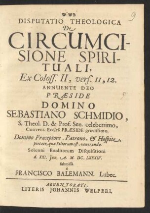 Disputatio Theologica De Circumcisione Spirituali