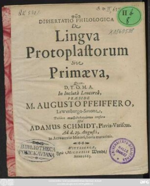 Dissertatio Philologica De Lingua Protoplastorum Sive Primaeva