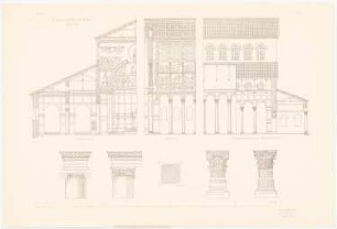 San Paolo fuori le mura, Rom: Ansicht, Querschnitt, Längsschnitt, Kapitelle (aus: Altchristl. u. roman. Baukunst, hrsg. v. Zeichenaussch. d. Stud. d. TH Berlin, 1875)