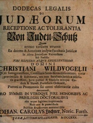 Dodecas Legalis De Judaeorum Receptione Ac Tolerantia : Von Juden-Schutz