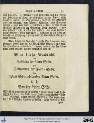 Eine kurtze Nachricht Von Hasplung der feinen Seide, Von Zubereitung der Flock-Seide, Und Vom Gebrauch beyder Arten Seide.