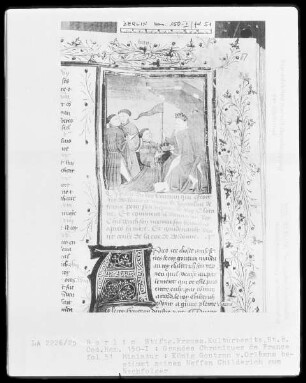 Chroniques de France in zwei Bänden — Chroniques de France, Band 1 — König Gontran von Orléans bestimmt seinen Neffen Childebert zum Nachfolger, Folio 51recto