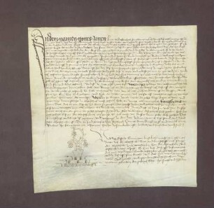 Vergleich zwischen Markgraf Karl I. von Baden und Bischof Matthias von Speyer wegen des Wildbanns im Hohenberg, den Löchern und anderen daran stoßenden Wäldern und der Öffnung im Kirchhofe zu Jöhlingen, des Geleits von Obergrombach bis an die Riegeln zu Singen, von Bruchsal bis Wössingen an die Bach und von Singen bis Obergrombach, von Wössingen bis Sinsheim und von da bis Obergrombach