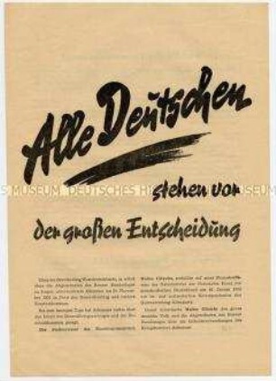 Flugschrift der Nationalen Front über Pressekonferenz mit Ulbricht zum Generalvertrag, für Kampf um Friedensvertrag und Einheit Deutschlands