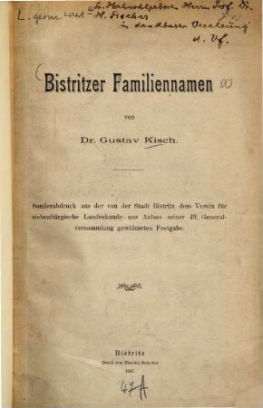 Bistritzer Familiennamen : (Ein Beitrag zur dt. Namen-Kunde.) [Umschlagt.]