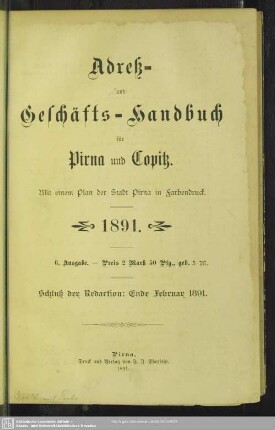 6.1891: Adreß- und Geschäftshandbuch für Pirna, Copitz und Posta