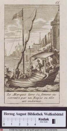 Eine Frau und ein Mann speisen mit einem Korsar auf einem prunkvollen Segelschiff im Hafen.
