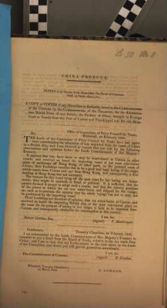 China Produce : Copies of directions to the commissioners of customs for the admission of goods from China ... ; Ordered ... to be printed 19 March 1840