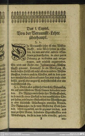 Das I. Capitel. Von der Vernunfft-Lehre überhaupt