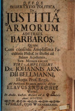 Diss. polit. de iustitia armorum adversus barbaros