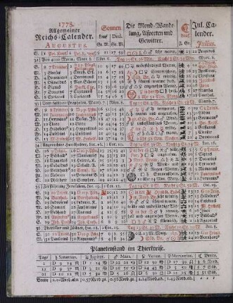 1778. Allgemeiner Reichs-Calender. Augustus.