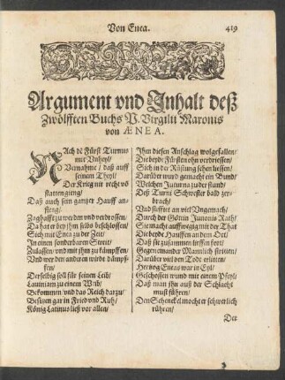 Argument und Inhalt deß Zwölfften Buchs P. Virgilii Maronis/ von Aenea.