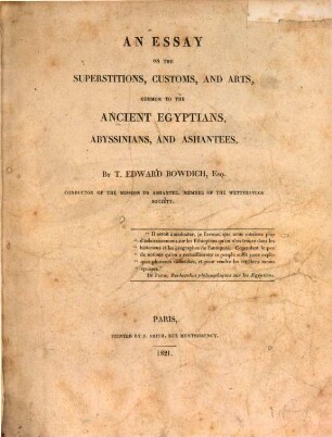 An essay on the superstitions, customs, and arts, common to the ancient Egyptiens, Abyssinians, and Ashantees : Mit 3 Tafeln