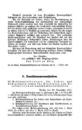 Prüfungsordnungen für Lehrer und Lehrerinnen sowie für Direktoren und Direktorinnen an Taubstummenanstalten : [F. Taubstummenanstalten]