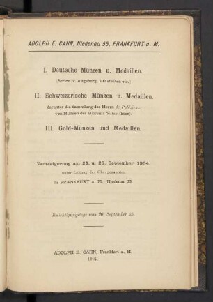 Versteigerung am 27. u. 28. September 1904