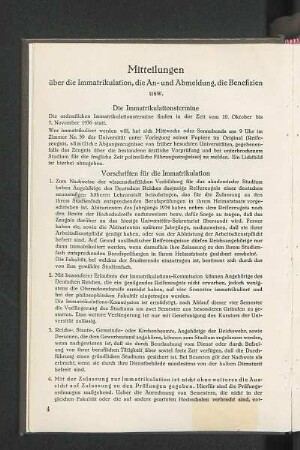 Mitteilungen über die Immatrikulation, die An- und Abmeldung, die Benefizien usw.