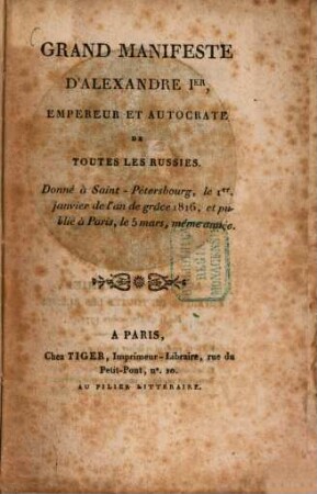 Grand Manifeste d'Alexandre I. Empereur et Autocrate de toutes les Russies