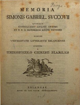 Memoria Simonis Gabriel. Svccovii Qvondam Consiliarii Avlici Intimi Et P.P.O. Matheseos Atqve Physices