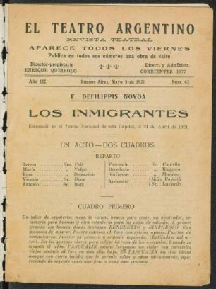 1921004200: Los inmigrantes : [drama en un acto y dos cuadros]