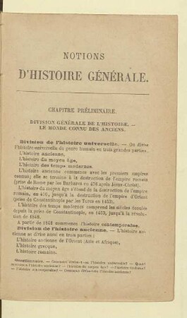 Chapitre préliminaire Division générale de l'histoire - le monde connu des anciens