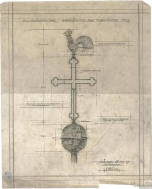 Bestelmeyer, German; Nürnberg (Bayern); Ev. Friedenskirche St. Johannes - Mappe 2: Turm, Kreuz mit Hahn (Ansicht)