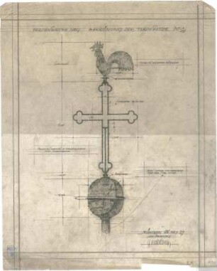 Bestelmeyer, German; Nürnberg (Bayern); Ev. Friedenskirche St. Johannes - Mappe 2: Turm, Kreuz mit Hahn (Ansicht)