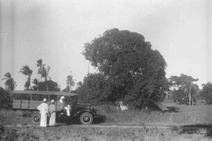 Der Lagerplatz in Tanga : Blick auf eine Landschaft mit Auto, Männern und einem Zelt unter einem Baum