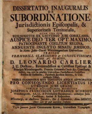 Diss. inaug. de subordinatione iurisdictionis episcopalis et superioritatis territorialis