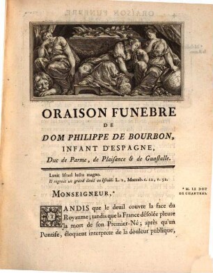 Oraison funebre de ... Prince Dom. Philippe de Bourbon, Infant d'Espagne