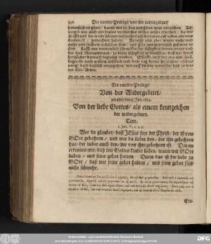 Die vierdte Predigt/ Von der Widergeburt/ gehalten den 13. Jun. 1684. Von der liebe Gottes/ als einem kennzeichen der widergeburt.