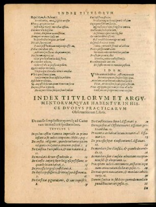 Index Titulorum Et Argumentorum, Quae Habentur In Hisce Duobus Practicarum Observationum Libris.