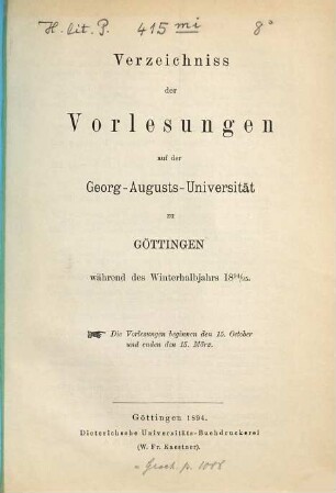 Verzeichnis der Vorlesungen. 1894/95. WH