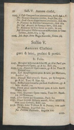 Sectio V. Autores Classici graeci & latini, prosaici & poetici