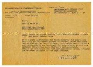 Antwortschreiben auf das Gesuch um Haftentlassung aus dem Lager Ludwigsburg