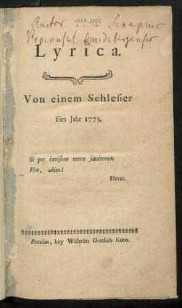 Lyrica : Von einem Schlesier fürs Jahr 1775