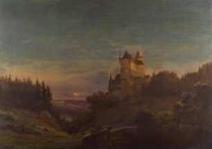 Landschaft mit Burg in der Abenddämmerung