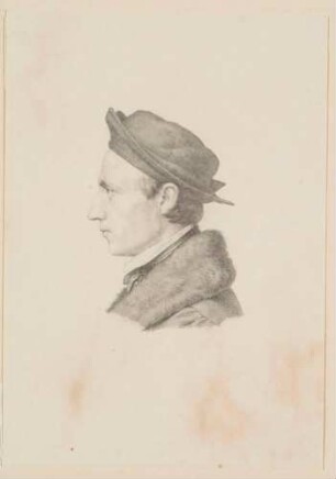 Bildnis des Malers Edward Jakob von Steinle mit Mütze, Schulterstück im Profil nach links
