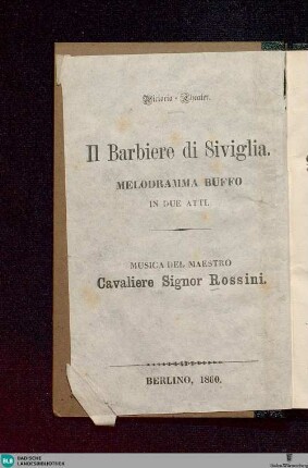 Il Barbiere di Siviglia : komische Oper in 2 Akten