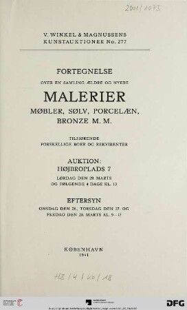 Fortegnelse over en samling ældre og nyere malerier : møbler, sølv, porcelæn, bronze ; auktion: 29 marts og følgende 4 dage
