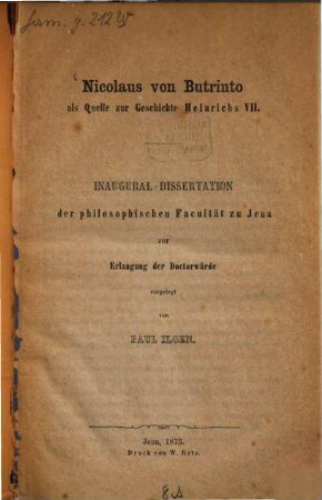 Nicolaus von Butrinto als Quelle zur Geschichte Heinrichs VII. : Inaugural-Dissertation