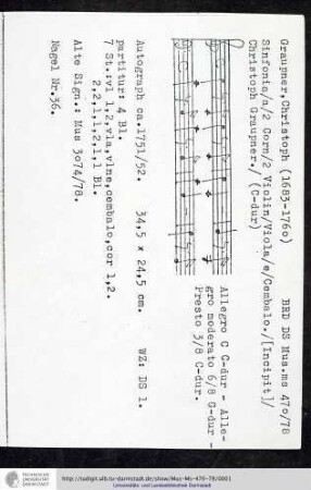 Sinfonia / a / 2 Corn / 2 Violin / Viola / e / Cembalo. / [Incipit] / Christoph Graupner.