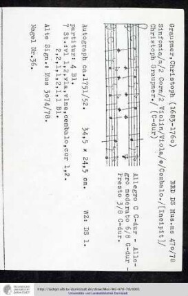 Sinfonia / a / 2 Corn / 2 Violin / Viola / e / Cembalo. / [Incipit] / Christoph Graupner.
