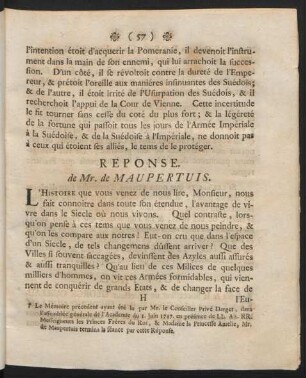 Réponse de Mr. de Maupertuis.