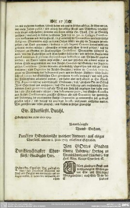 Punctirte Hildesheimische weithere Antwort, auff obiges Churfürstl. unterm 2. 9bris 1703. erlassenes Schreiben