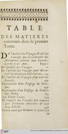 Table des matieres contenuës dans le premier Tome