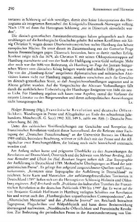 Französische Revolution und deutsche Öffentlichkeit, Wandlungen in Presse und Alltagskultur am Ende des achtzehnten Jahrhunderts, Holger Bönning (Hrsg.), (Deutsche Presseforschung, 28) : München, Saur, 1992