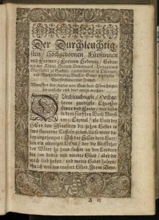 Der Durchleuchtigsten/ Hochgebornen Fürstinnen und Frawen Hedewig/ Gebornen aus Königl. Stamm Dennemarck [...]